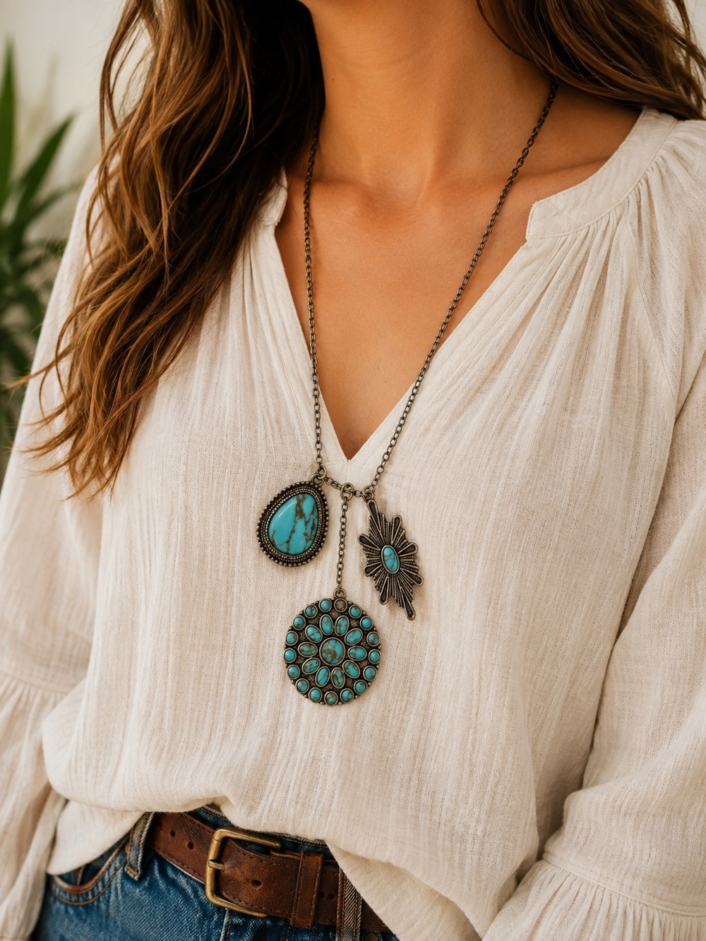 Lucky Brand Turquoise Multi Pendant Necklace 20” Boho Southwestern